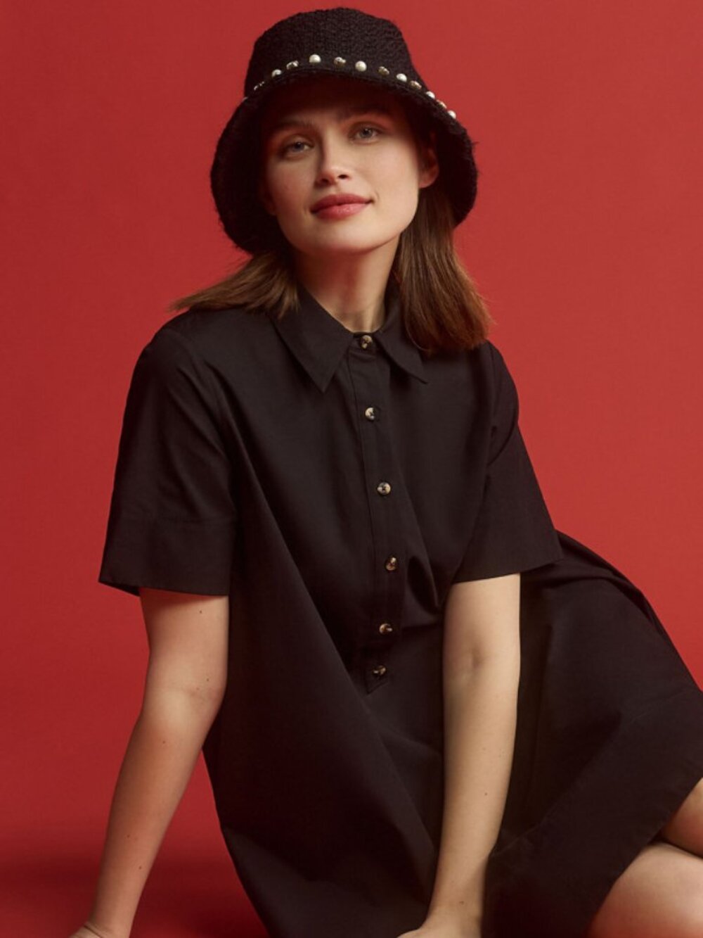 Anthropologie Pollie Short-Sleeve Swing Tunic Mini Black Dress Size S NWT